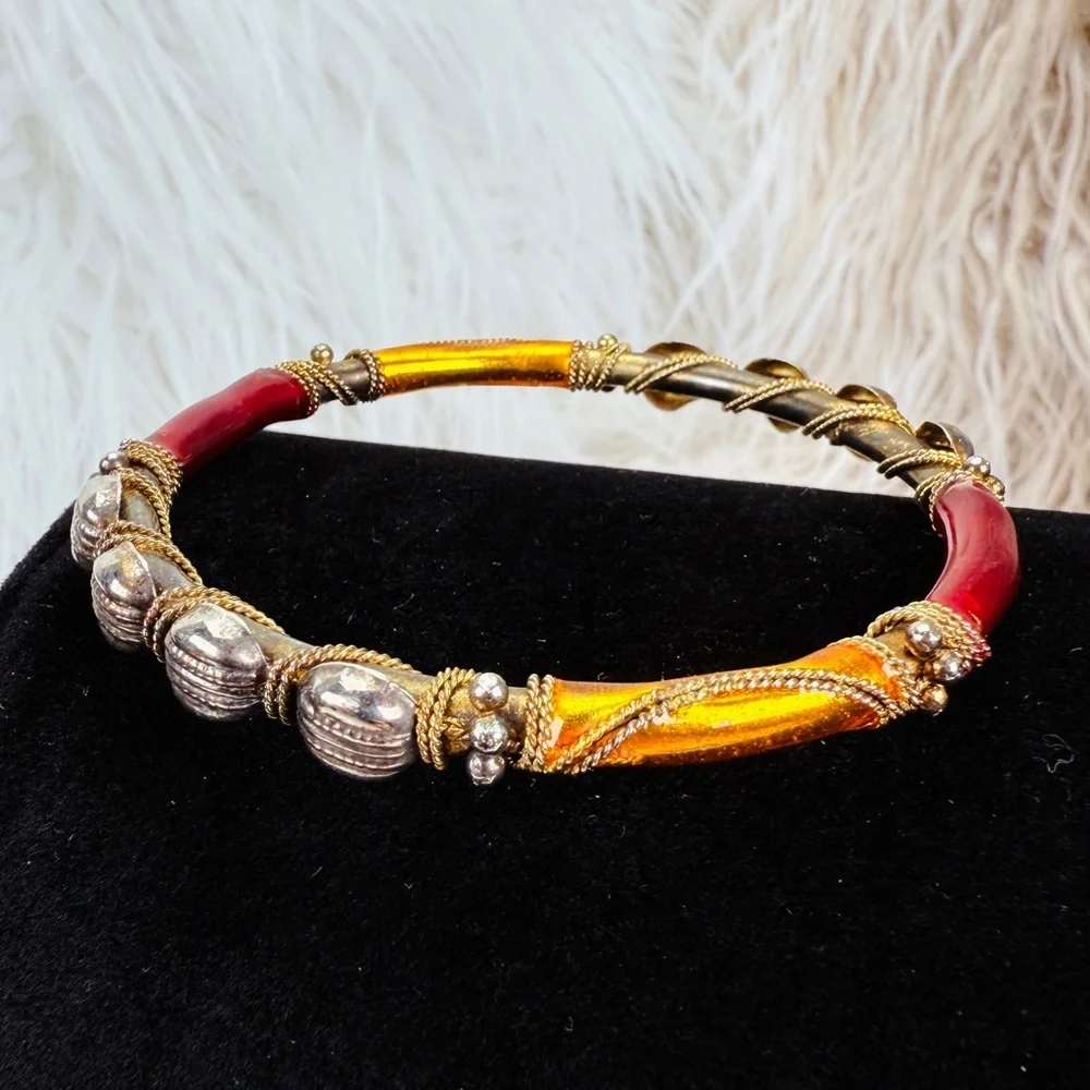 Vintage aged Goldtone and Red Bangle Bracelet